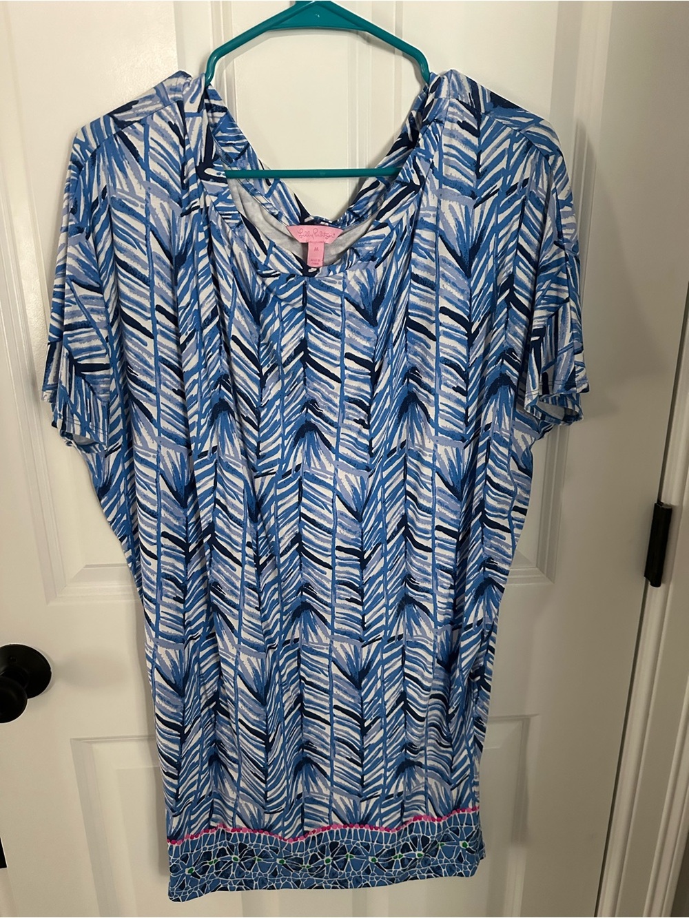Lilly Pulitzer Blue Leaf-Stripe Short-Sleeve Tunic with Pink Trim